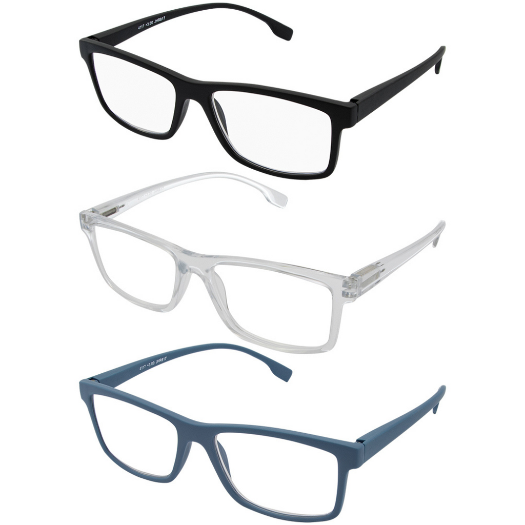 Jules Rectangle Reading Glasses Multi Pack in Black Clear and Navy